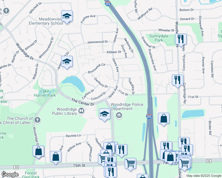 map of restaurants, bars, coffee shops, grocery stores, and more near 2405 Danbury Drive in Woodridge