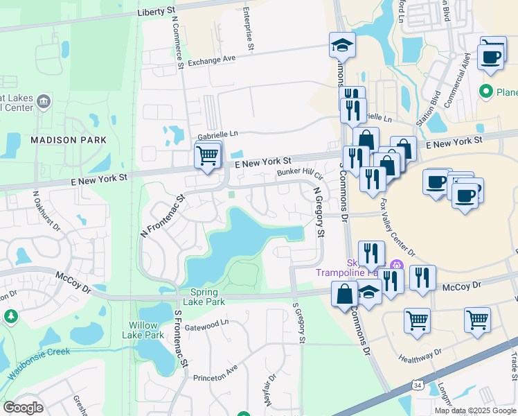 map of restaurants, bars, coffee shops, grocery stores, and more near 377 Springlake Lane in Aurora