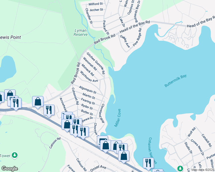 map of restaurants, bars, coffee shops, grocery stores, and more near 14 Wychunas Avenue in Wareham