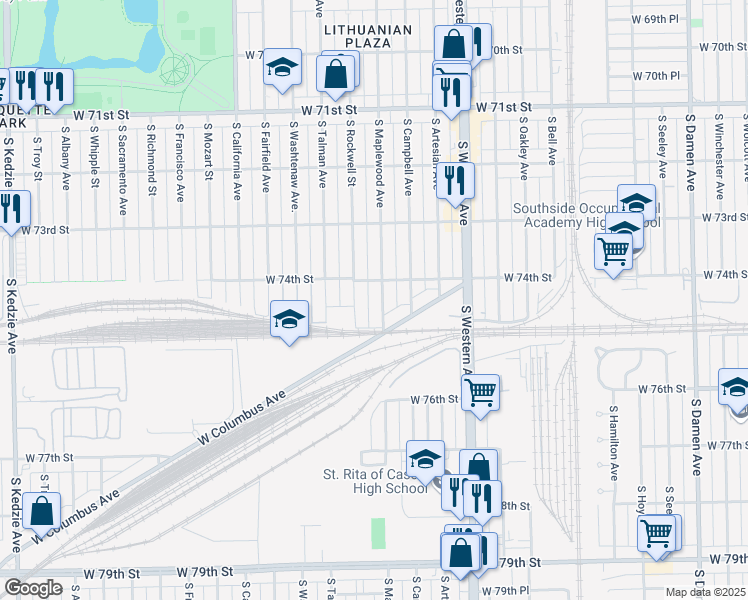 map of restaurants, bars, coffee shops, grocery stores, and more near 7418 South Maplewood Avenue in Chicago