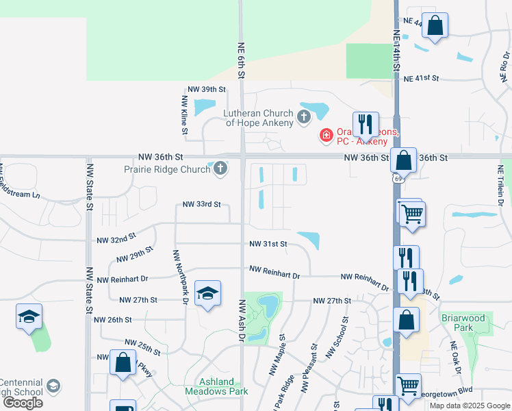 map of restaurants, bars, coffee shops, grocery stores, and more near 3305 Northwest Amherst Lane in Ankeny