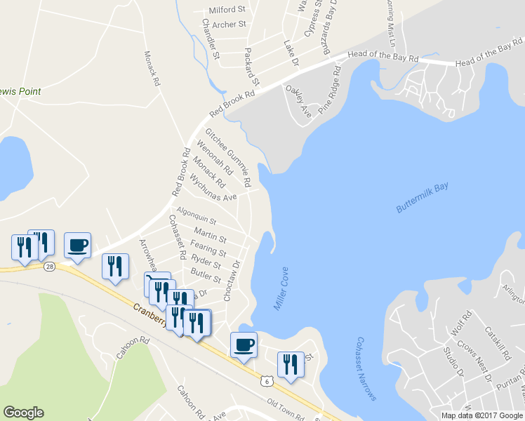 map of restaurants, bars, coffee shops, grocery stores, and more near 14 Wychunas Avenue in Wareham