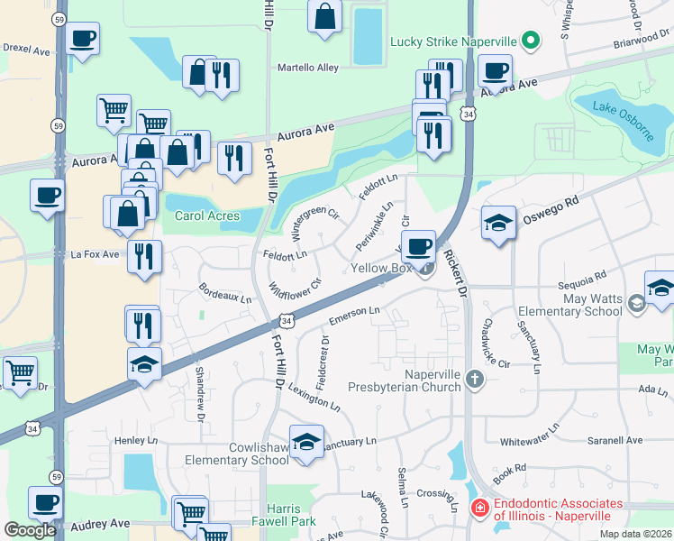 map of restaurants, bars, coffee shops, grocery stores, and more near 2311 Periwinkle Court in Naperville
