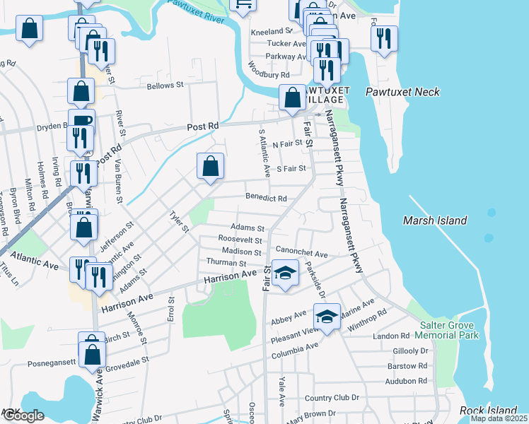 map of restaurants, bars, coffee shops, grocery stores, and more near 29 Rosegarden Street in Warwick