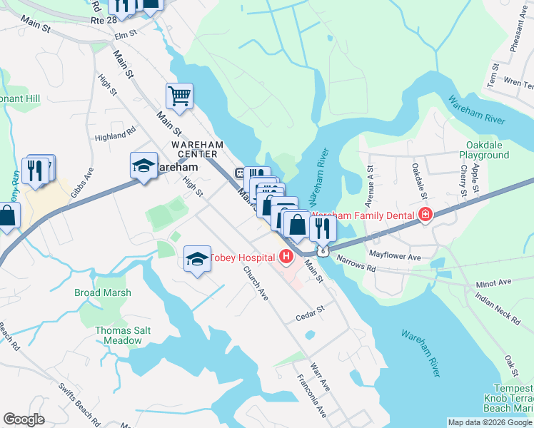 map of restaurants, bars, coffee shops, grocery stores, and more near 219 Main Street in Wareham
