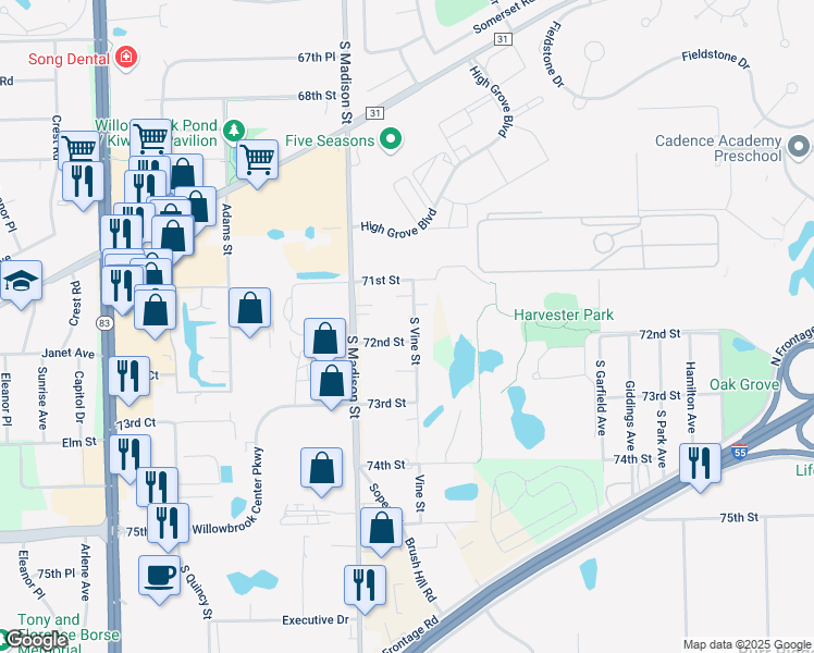 map of restaurants, bars, coffee shops, grocery stores, and more near 8S070 South Vine Street in Burr Ridge