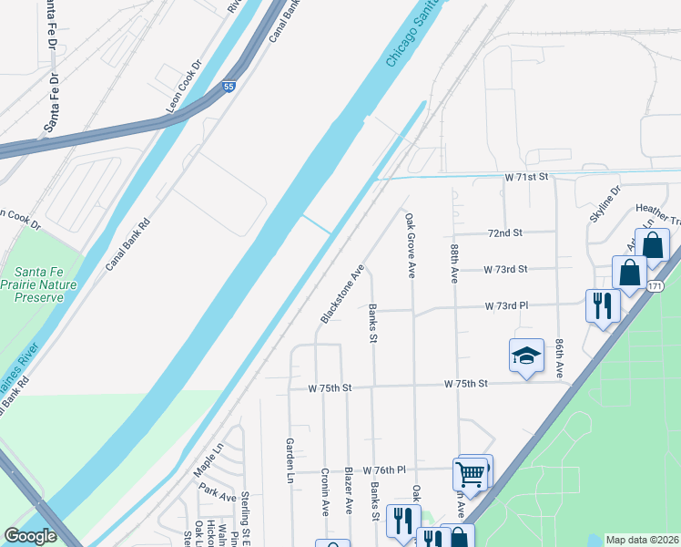 map of restaurants, bars, coffee shops, grocery stores, and more near 7322 Blackstone Avenue in Justice