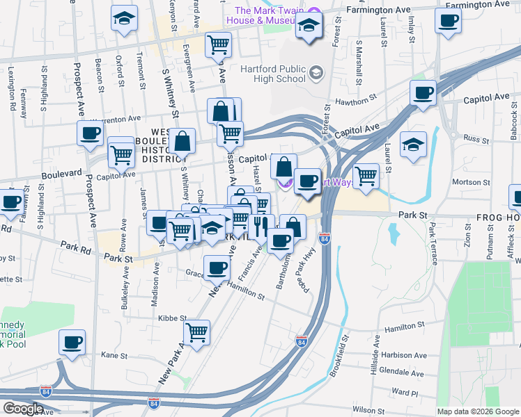 map of restaurants, bars, coffee shops, grocery stores, and more near 28 Hazel Street in Hartford