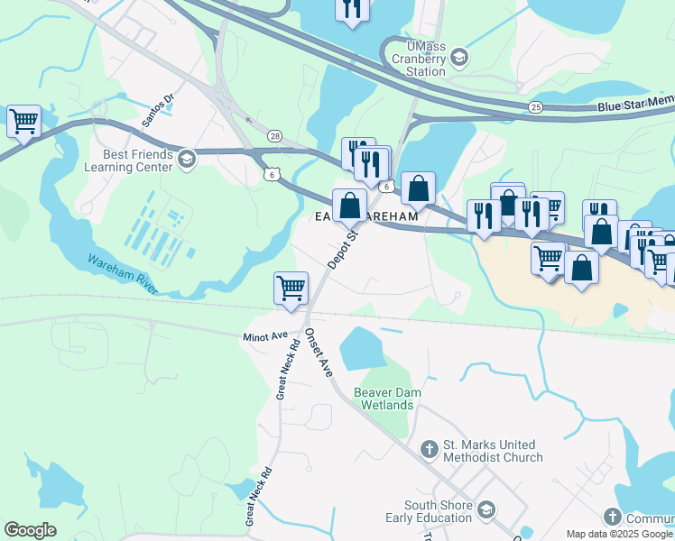 map of restaurants, bars, coffee shops, grocery stores, and more near 16 Depot Street in Wareham