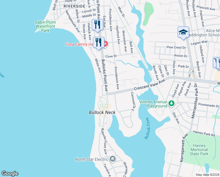 map of restaurants, bars, coffee shops, grocery stores, and more near 654 Bullocks Point Avenue in East Providence