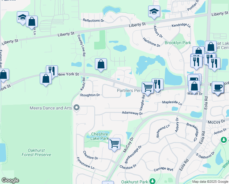 map of restaurants, bars, coffee shops, grocery stores, and more near 2462 Stoughton Circle in Aurora
