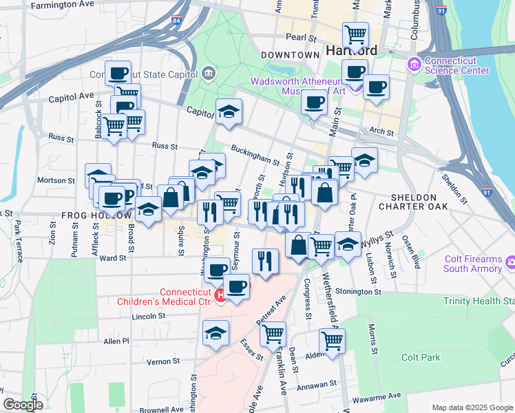 map of restaurants, bars, coffee shops, grocery stores, and more near 36 Wadsworth Street in Hartford