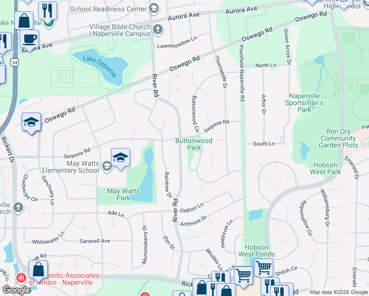 map of restaurants, bars, coffee shops, grocery stores, and more near 808 S River Rd in Naperville