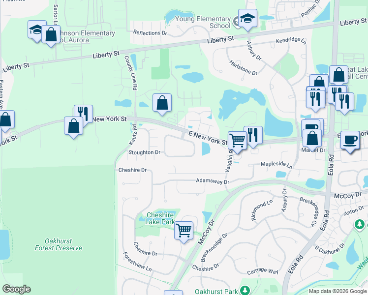 map of restaurants, bars, coffee shops, grocery stores, and more near 2462 Stoughton Circle in Aurora