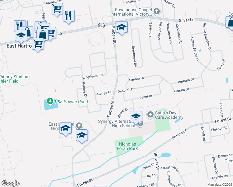 map of restaurants, bars, coffee shops, grocery stores, and more near 640 Forbes Street in East Hartford