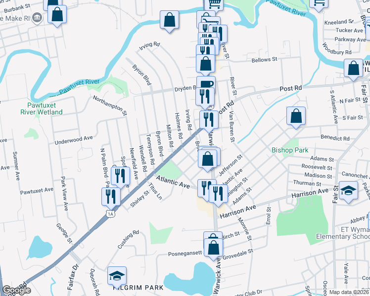 map of restaurants, bars, coffee shops, grocery stores, and more near 545 U.S. 1A in Warwick