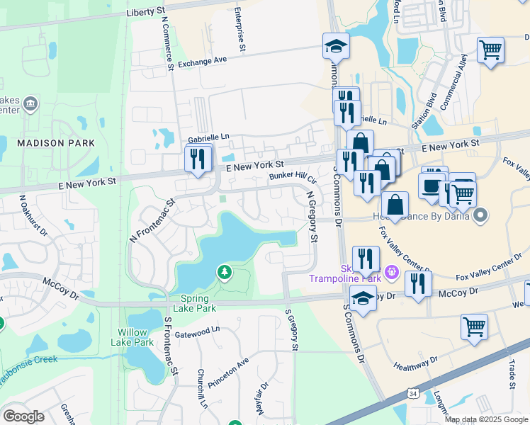 map of restaurants, bars, coffee shops, grocery stores, and more near 200 Raintree Court in Aurora
