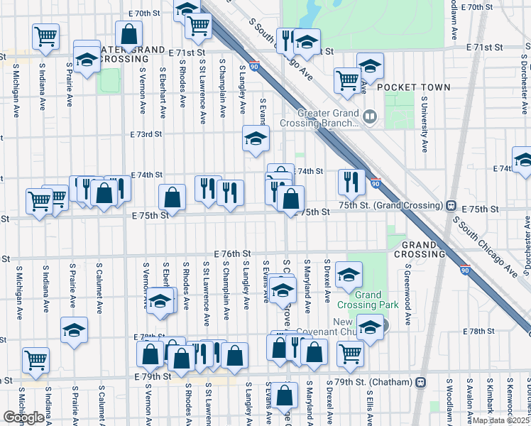 map of restaurants, bars, coffee shops, grocery stores, and more near E 75th St & S Evans Ave in Chicago