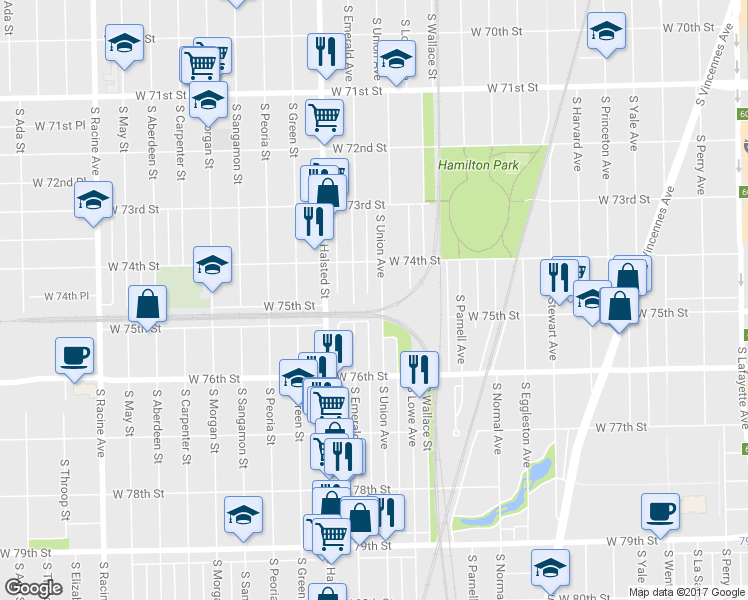map of restaurants, bars, coffee shops, grocery stores, and more near 7440 South Union Avenue in Chicago
