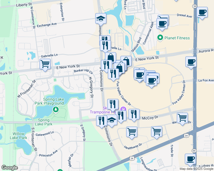 map of restaurants, bars, coffee shops, grocery stores, and more near 4024 Fox Valley Center Road in Aurora