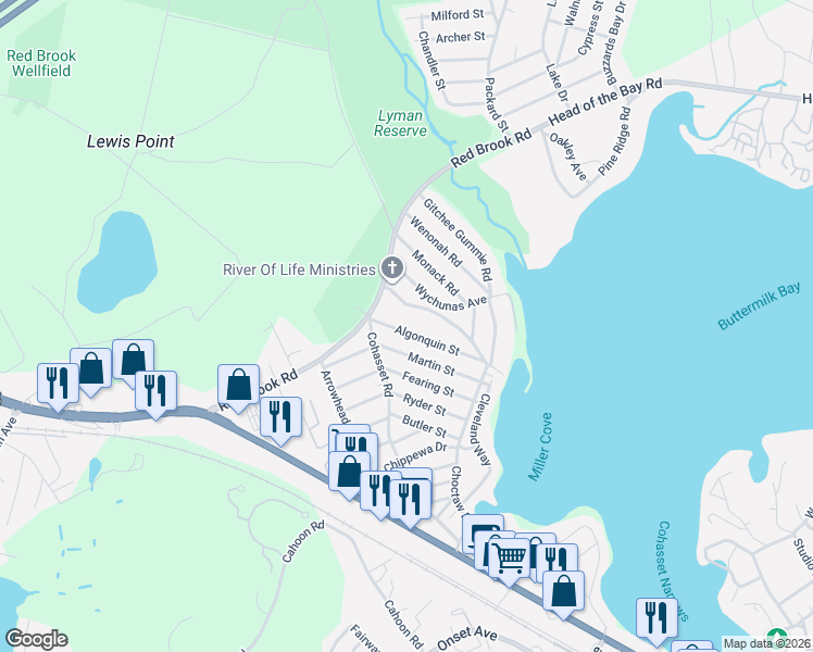 map of restaurants, bars, coffee shops, grocery stores, and more near 67 Algonquin Street in Wareham