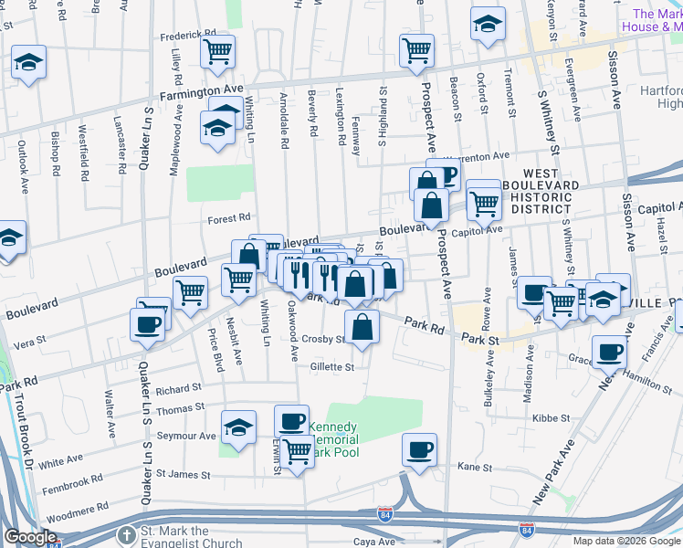 map of restaurants, bars, coffee shops, grocery stores, and more near 24 Troy Street in West Hartford