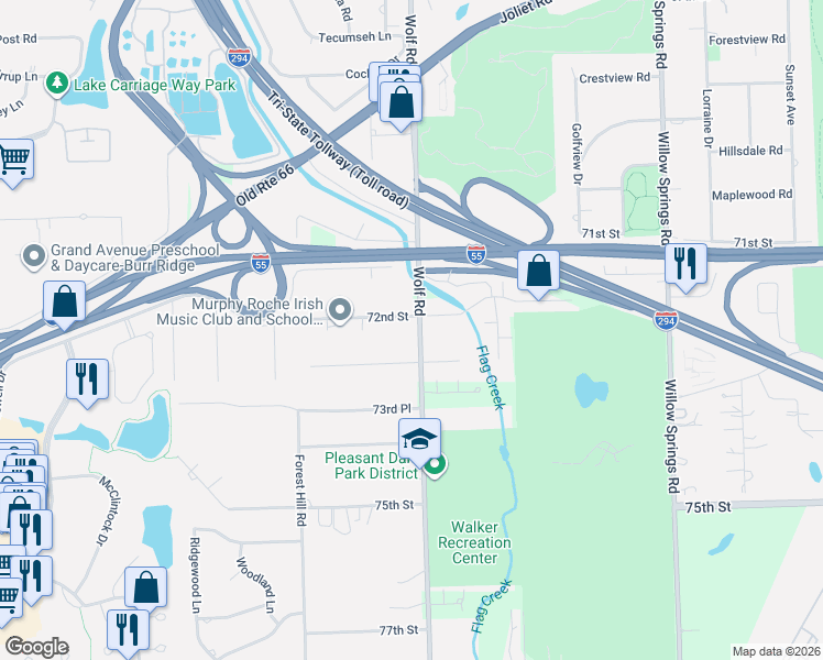 map of restaurants, bars, coffee shops, grocery stores, and more near 7206 Wolf Road in Willowbrook