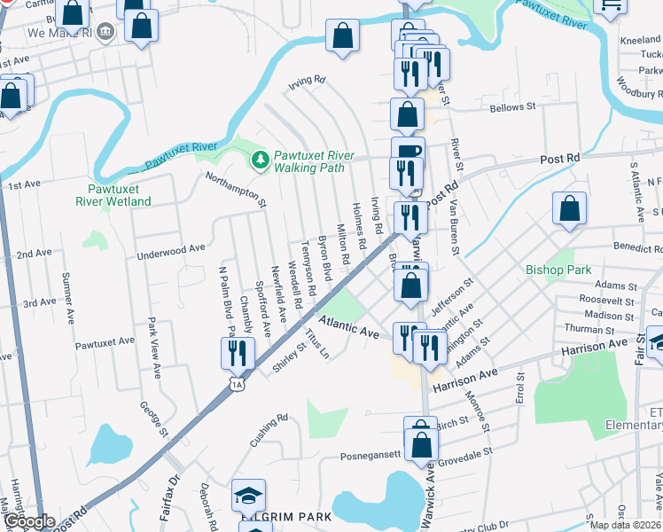 map of restaurants, bars, coffee shops, grocery stores, and more near 240 Byron Boulevard in Warwick