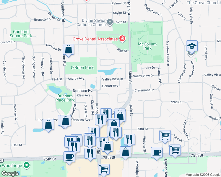 map of restaurants, bars, coffee shops, grocery stores, and more near 1141 Hobart Avenue in Downers Grove