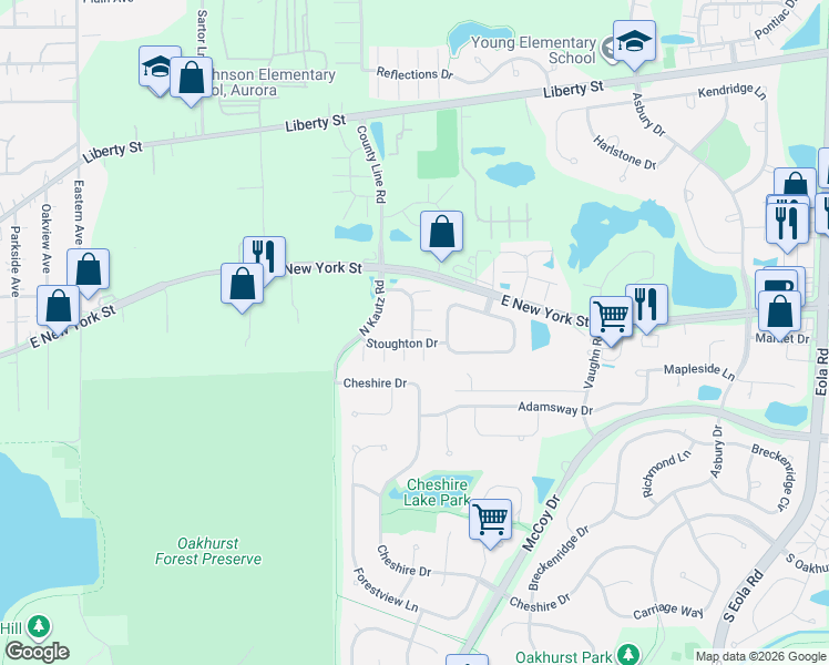 map of restaurants, bars, coffee shops, grocery stores, and more near 309 Abington Woods Drive in Aurora