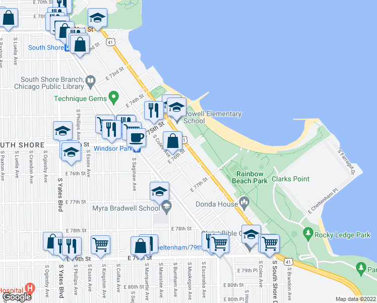 map of restaurants, bars, coffee shops, grocery stores, and more near 7610 South South Shore Drive in Chicago
