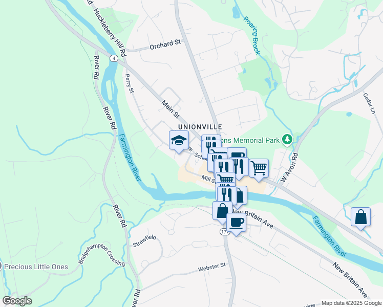 map of restaurants, bars, coffee shops, grocery stores, and more near 173 School Street in Farmington