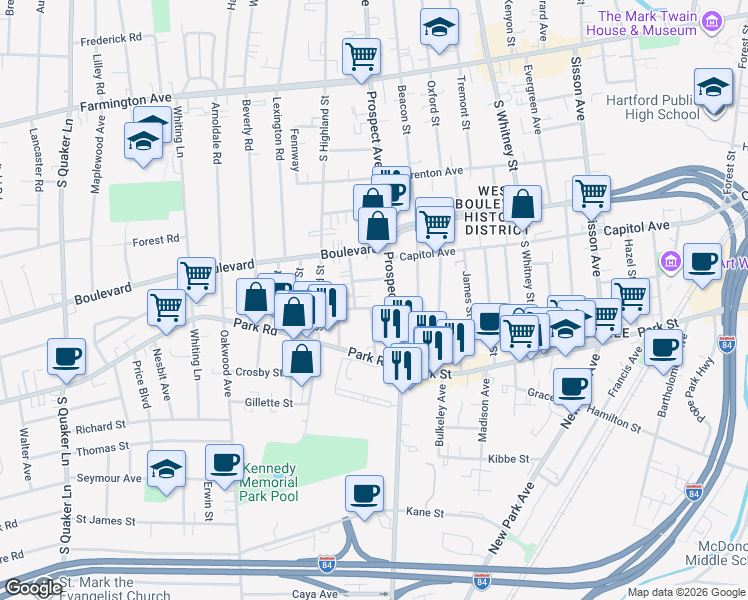 map of restaurants, bars, coffee shops, grocery stores, and more near 395 Prospect Avenue in Hartford