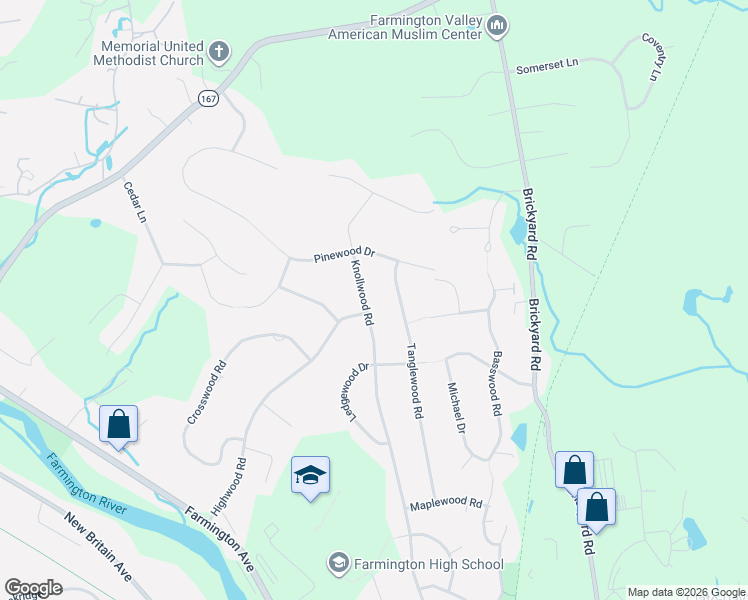 map of restaurants, bars, coffee shops, grocery stores, and more near 49 Tanglewood Road in Farmington