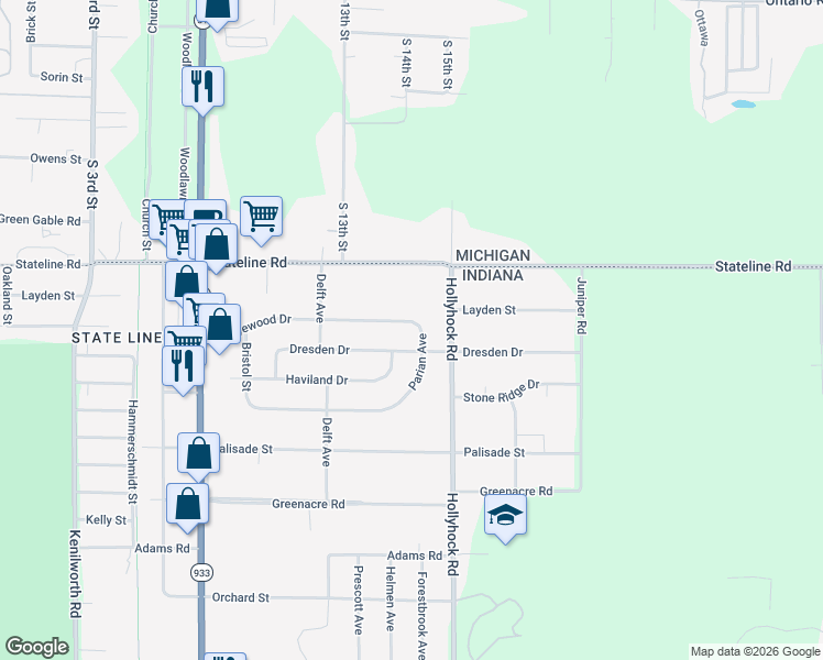 map of restaurants, bars, coffee shops, grocery stores, and more near 50539 Parian Avenue in South Bend