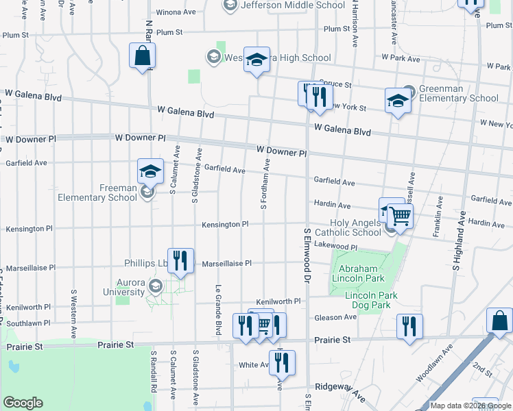 map of restaurants, bars, coffee shops, grocery stores, and more near 140 South Fordham Avenue in Aurora
