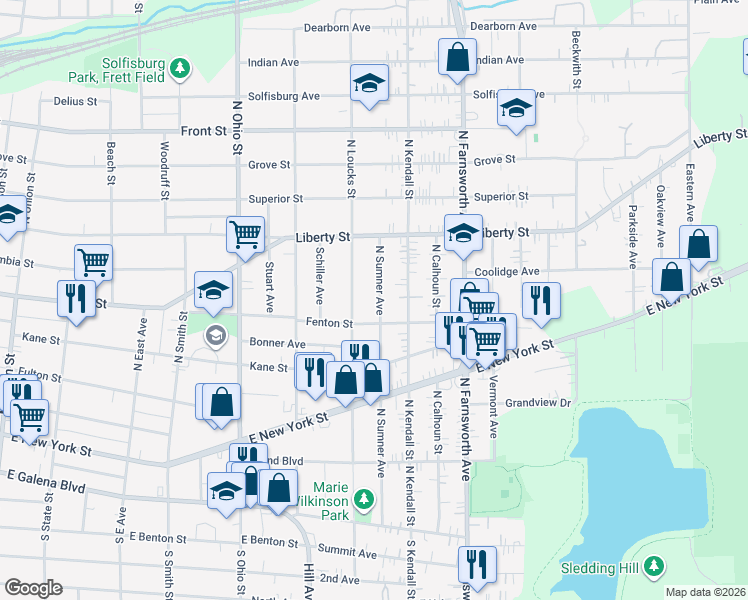 map of restaurants, bars, coffee shops, grocery stores, and more near 220 North Sumner Avenue in Aurora