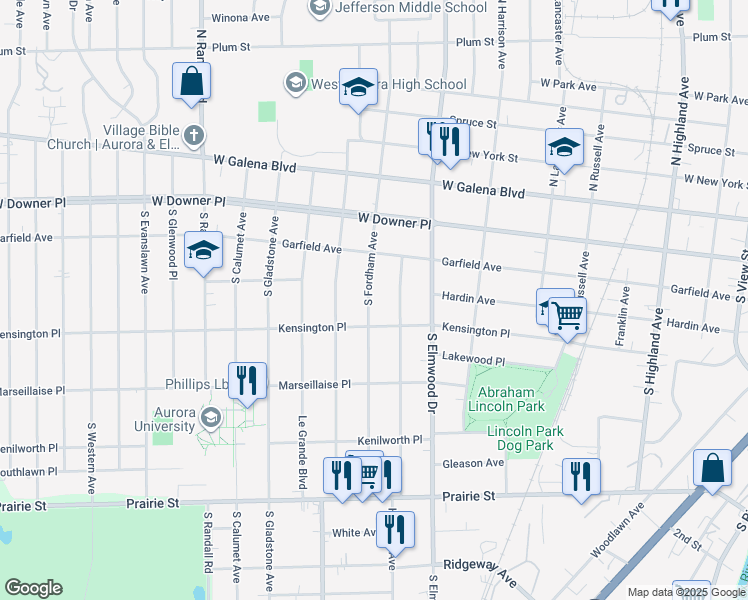 map of restaurants, bars, coffee shops, grocery stores, and more near 140 South Fordham Avenue in Aurora