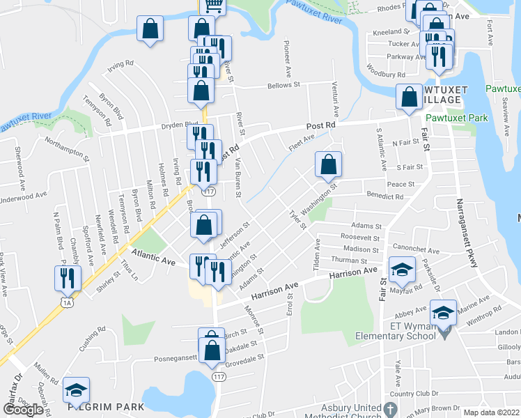 map of restaurants, bars, coffee shops, grocery stores, and more near 119 Jefferson Street in Warwick