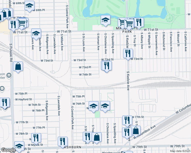 map of restaurants, bars, coffee shops, grocery stores, and more near 3407 West 74th Street in Chicago