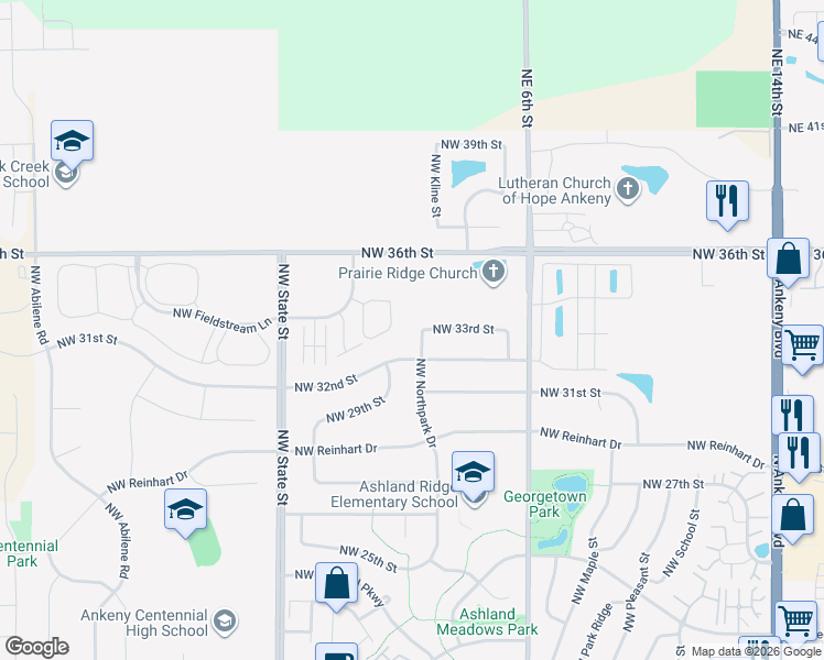 map of restaurants, bars, coffee shops, grocery stores, and more near 3216 Northwest Northpark Drive in Ankeny