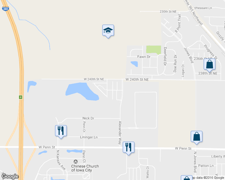 map of restaurants, bars, coffee shops, grocery stores, and more near 1215 Delaney Court in North Liberty