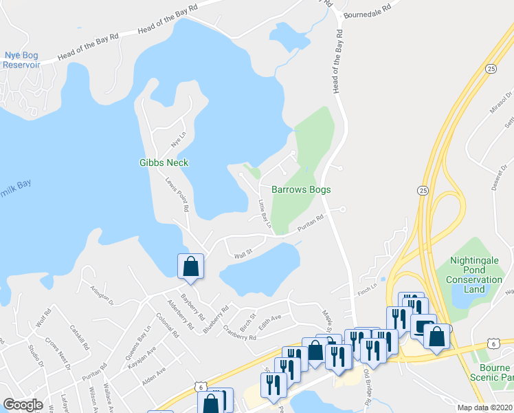 map of restaurants, bars, coffee shops, grocery stores, and more near 7 Little Bay Lane in Bourne