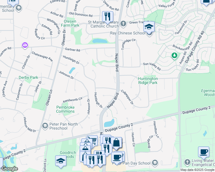 map of restaurants, bars, coffee shops, grocery stores, and more near 1321 Culpepper Drive in Naperville