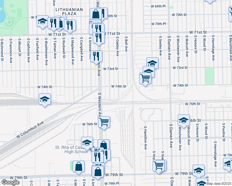 map of restaurants, bars, coffee shops, grocery stores, and more near 7420 South Oakley Avenue in Chicago