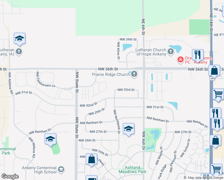 map of restaurants, bars, coffee shops, grocery stores, and more near 3216 NW Northpark Dr in Ankeny