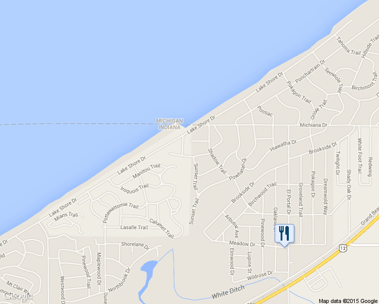 map of restaurants, bars, coffee shops, grocery stores, and more near 3600 Sunset Trail in Michiana Shores