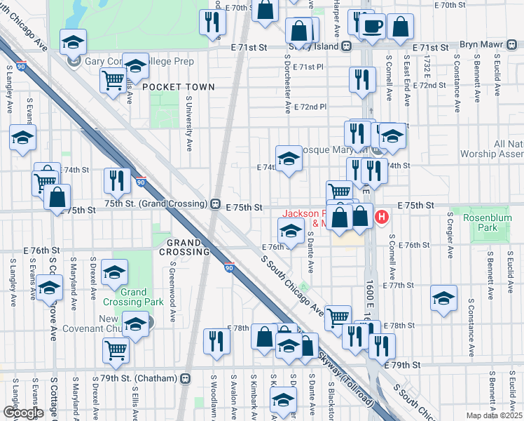 map of restaurants, bars, coffee shops, grocery stores, and more near 1315 East 75th Street in Chicago
