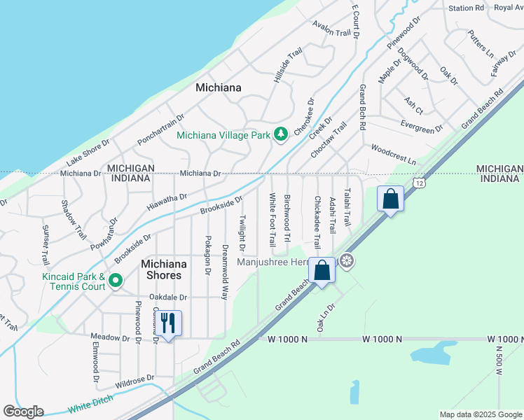 map of restaurants, bars, coffee shops, grocery stores, and more near 203 Shady Oak Drive in Michigan City