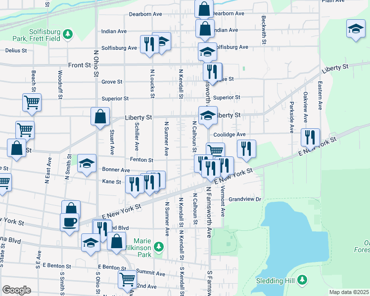 map of restaurants, bars, coffee shops, grocery stores, and more near 214 North Kendall Street in Aurora